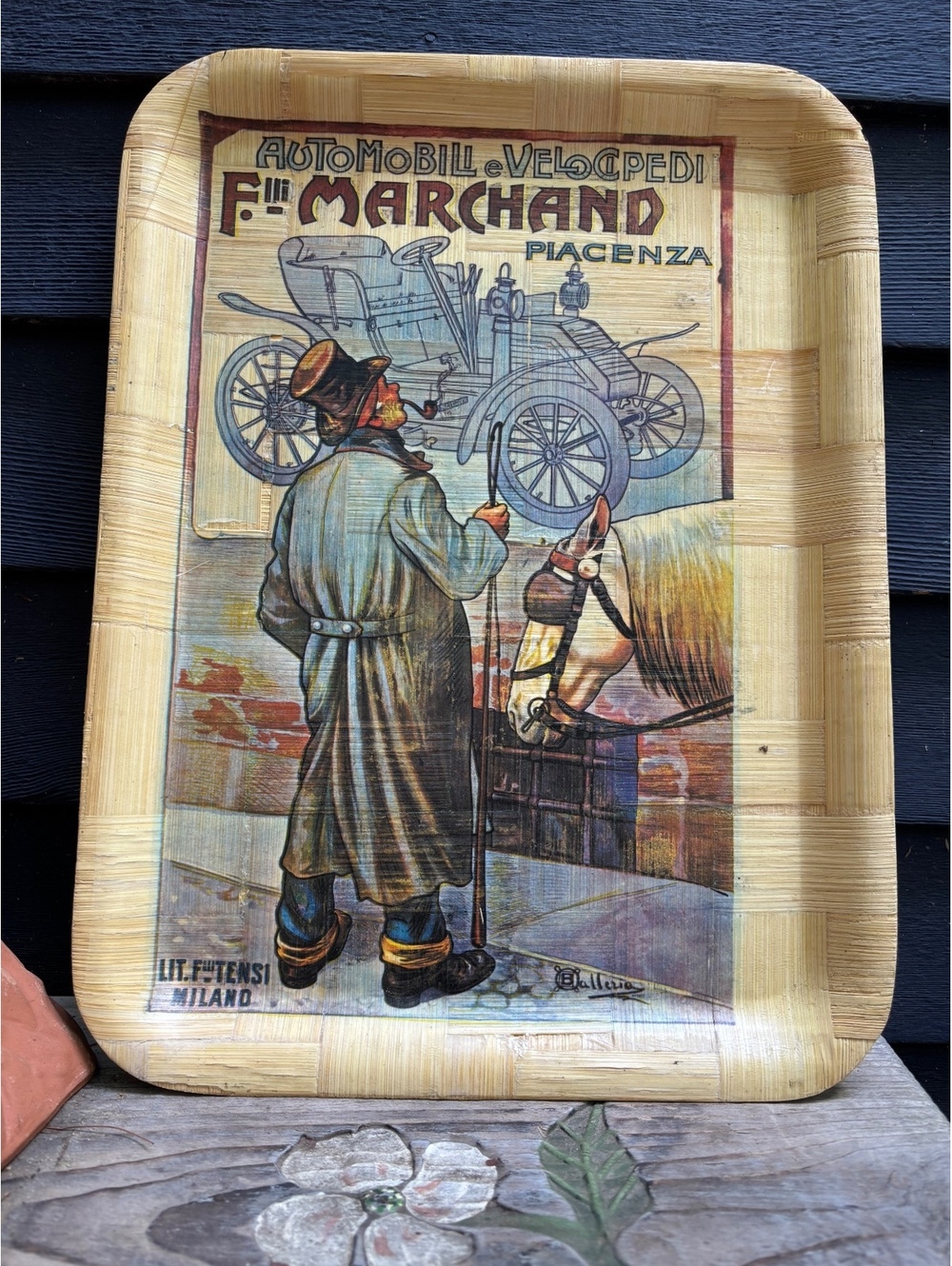 Vintage Bamboo Tray Italian Auto Ad Marchand Piacenza, Milan Lithograph